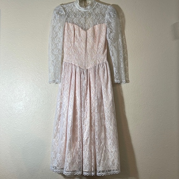 Vintage Gunne Sax Jessica McClintock Fit & Flare Ivory Pink Dress size 5/6 - Picture 1 of 16